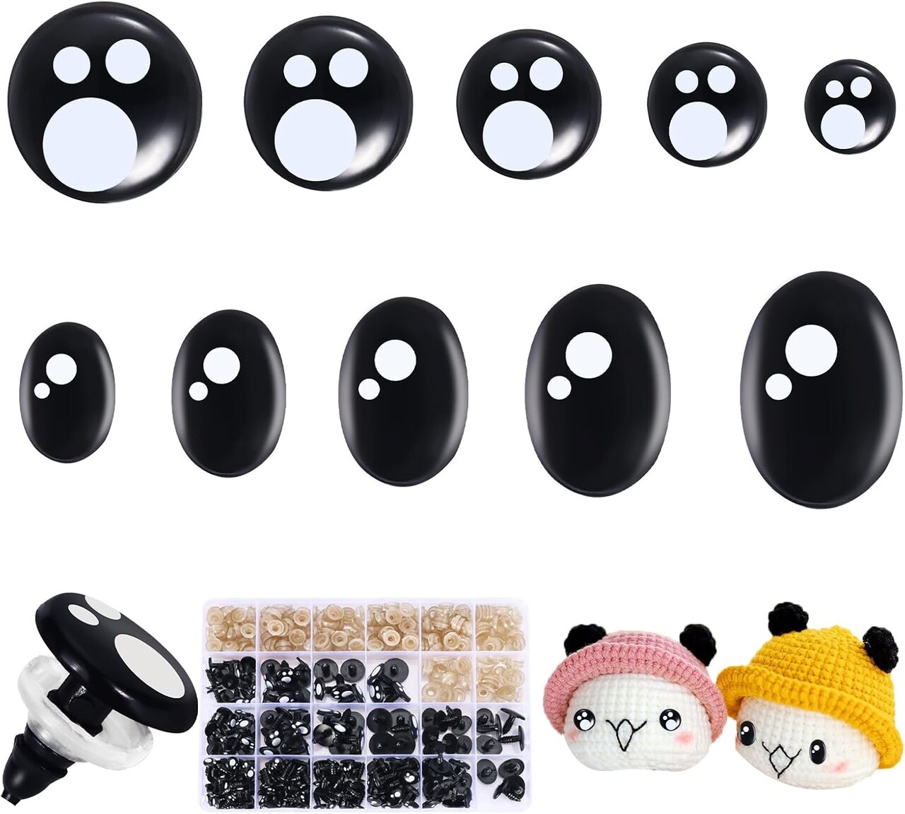 400-Piece Black Safety Eyes for Amigurumi – 8-16mm Oval & Round Crochet Doll Eyes with Washers for Plush Toys, Stuffed Animals & DIY Crafts
